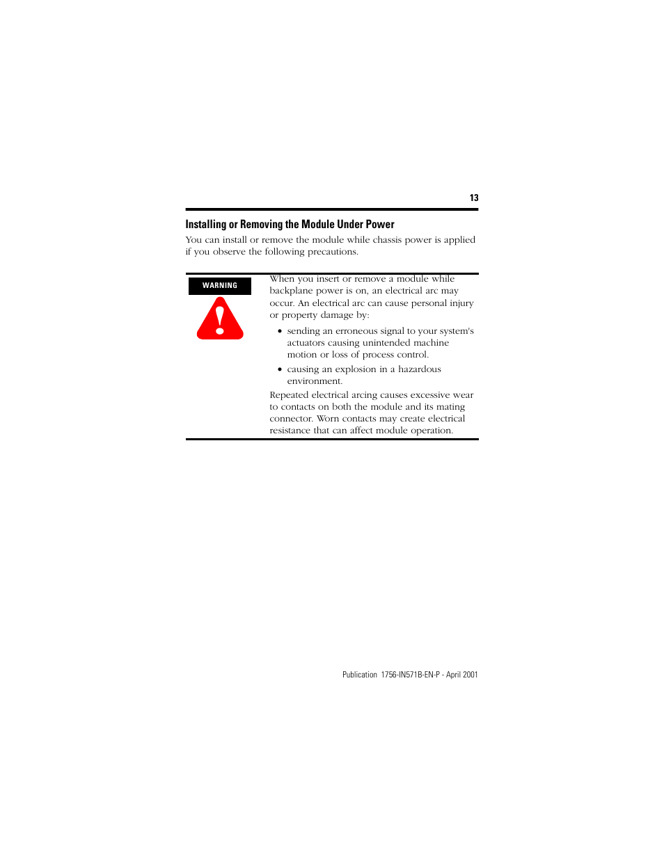 Installing or removing the module under power | Rockwell Automation 1756-CNB ControlLogix ControlNet Bridge Module Installation Instructions User Manual | Page 13 / 32