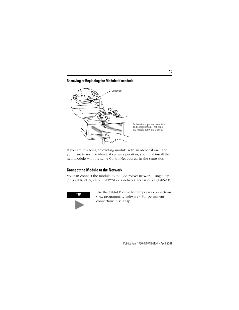 Removing or replacing the module (if needed), Connect the module to the network | Rockwell Automation 1756-CNB ControlLogix ControlNet Bridge Module Installation Instructions User Manual | Page 15 / 32