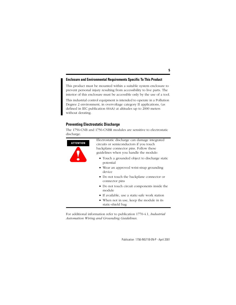 Preventing electrostatic discharge | Rockwell Automation 1756-CNB ControlLogix ControlNet Bridge Module Installation Instructions User Manual | Page 5 / 32