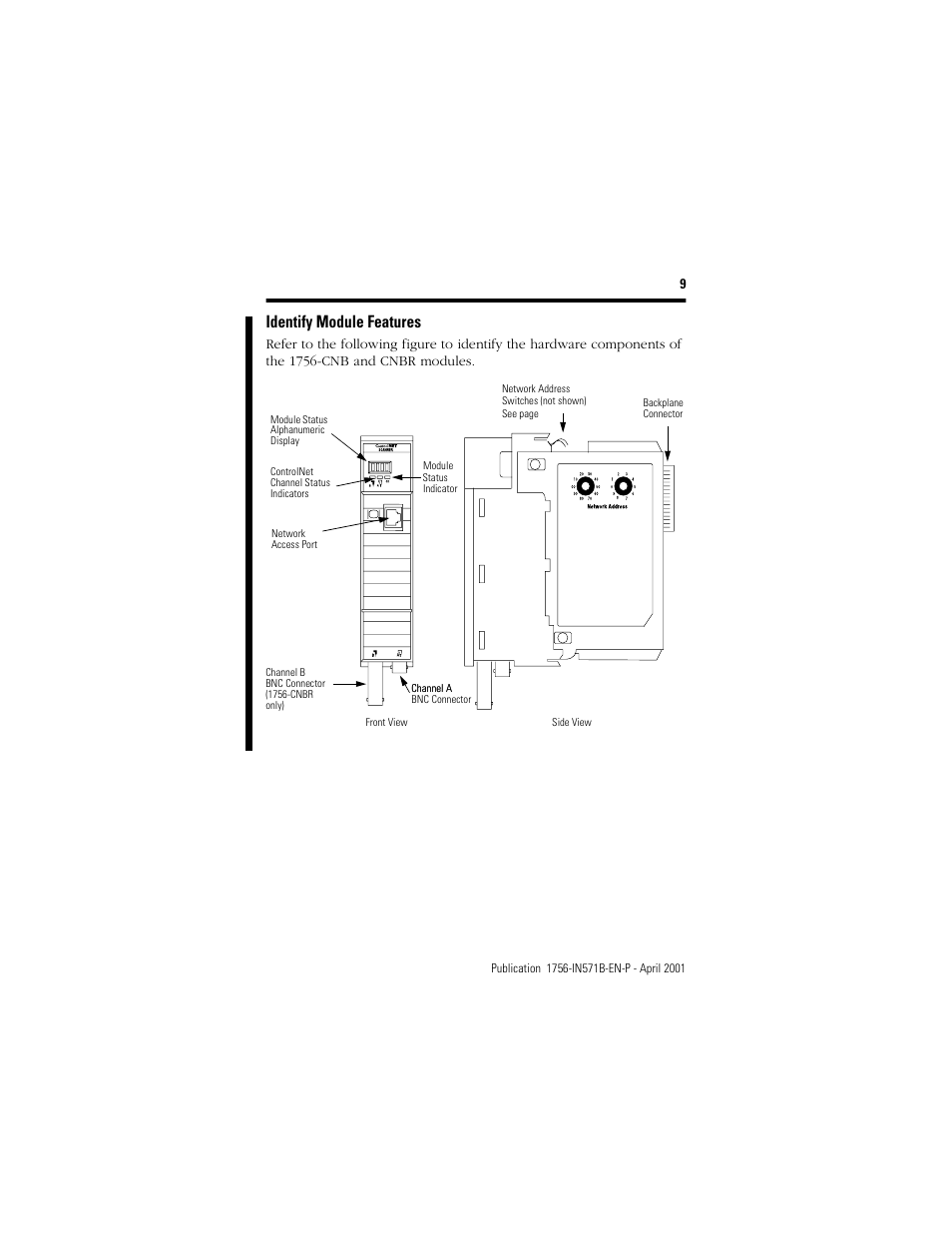 Identify module features | Rockwell Automation 1756-CNB ControlLogix ControlNet Bridge Module Installation Instructions User Manual | Page 9 / 32