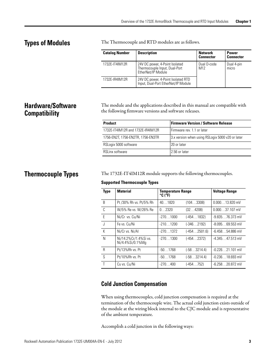 Types of modules, Hardware/software compatibility, Thermocouple types | Cold junction compensation | Rockwell Automation 1732E-IR4IM12R ArmorBlock Dual-Port EtherNet/IP 4-Point Thermocouple and RTD User Manual | Page 11 / 86