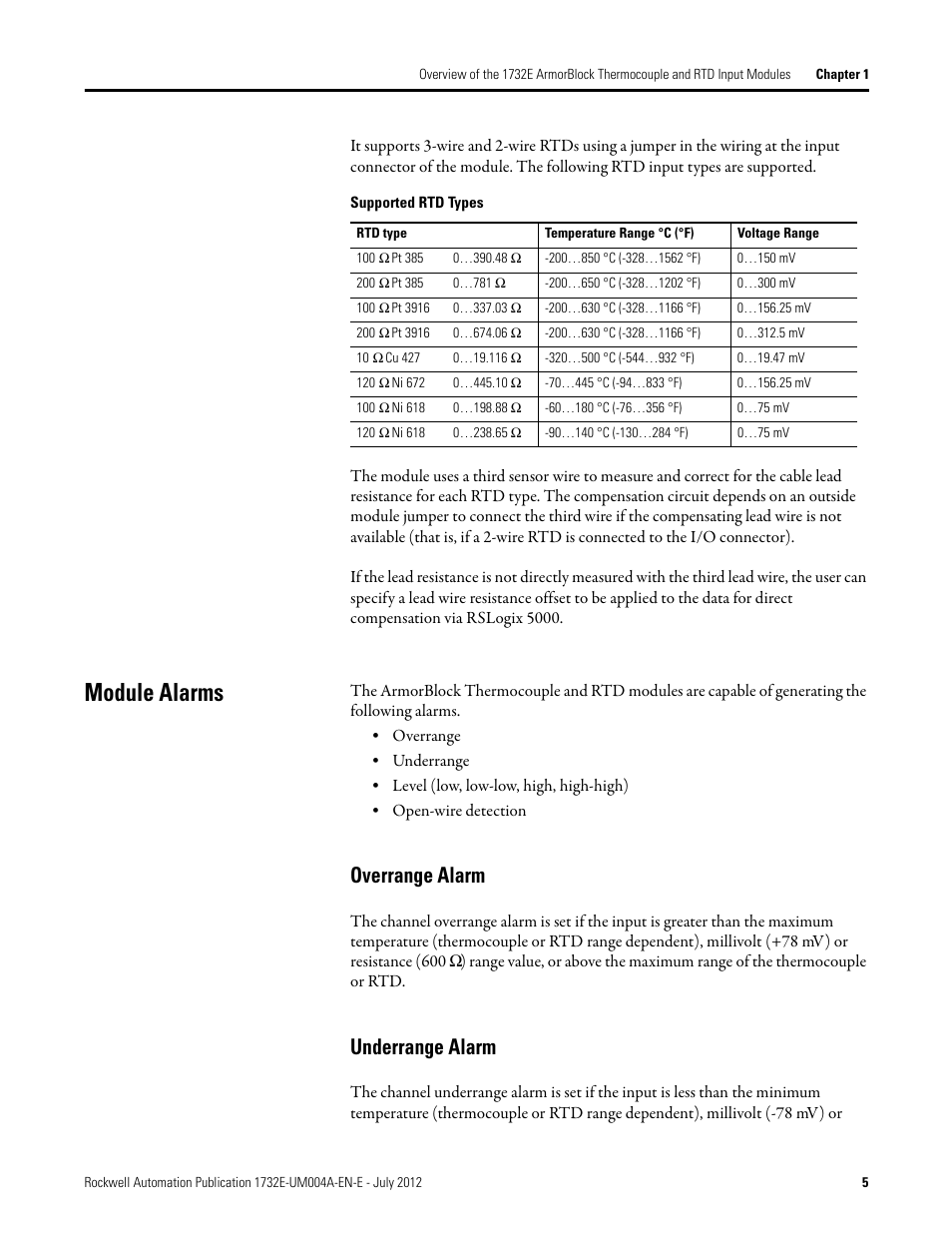 Module alarms, Overrange alarm, Underrange alarm | Overrange alarm underrange alarm | Rockwell Automation 1732E-IR4IM12R ArmorBlock Dual-Port EtherNet/IP 4-Point Thermocouple and RTD User Manual | Page 13 / 86