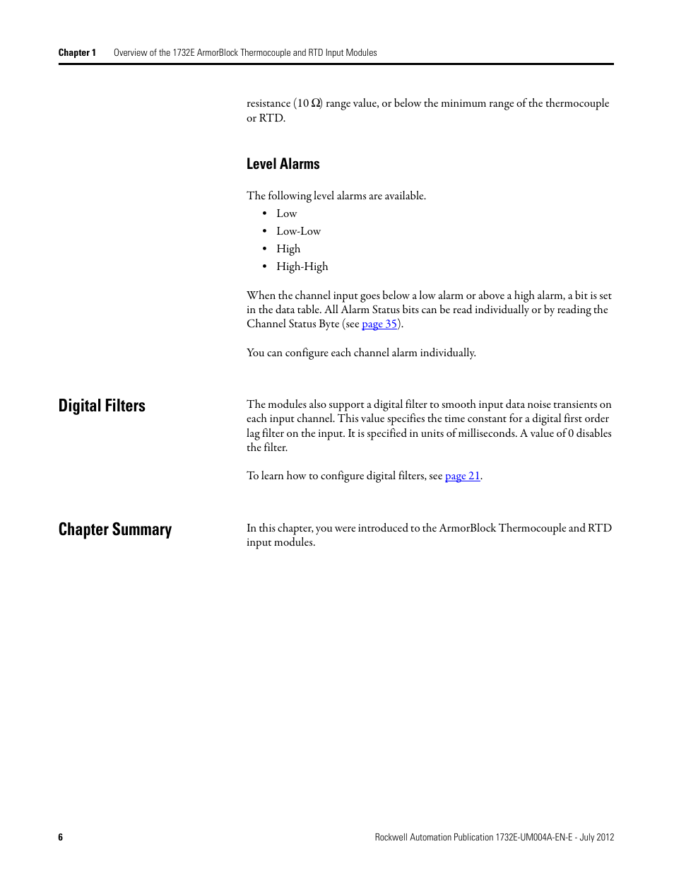 Level alarms, Digital filters, Chapter summary | Digital filters chapter summary | Rockwell Automation 1732E-IR4IM12R ArmorBlock Dual-Port EtherNet/IP 4-Point Thermocouple and RTD User Manual | Page 14 / 86