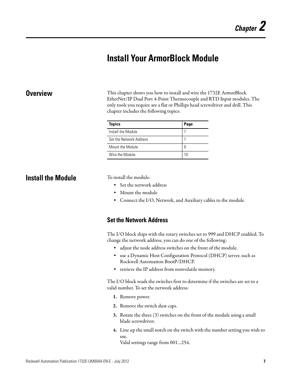 2 – install your armorblock module, Overview, Install the module | Set the network address, Chapter 2, Install your armorblock module, Overview install the module, Chapter | Rockwell Automation 1732E-IR4IM12R ArmorBlock Dual-Port EtherNet/IP 4-Point Thermocouple and RTD User Manual | Page 15 / 86