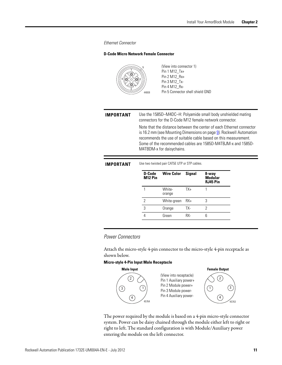 Ethernet connector, Power connectors | Rockwell Automation 1732E-IR4IM12R ArmorBlock Dual-Port EtherNet/IP 4-Point Thermocouple and RTD User Manual | Page 19 / 86