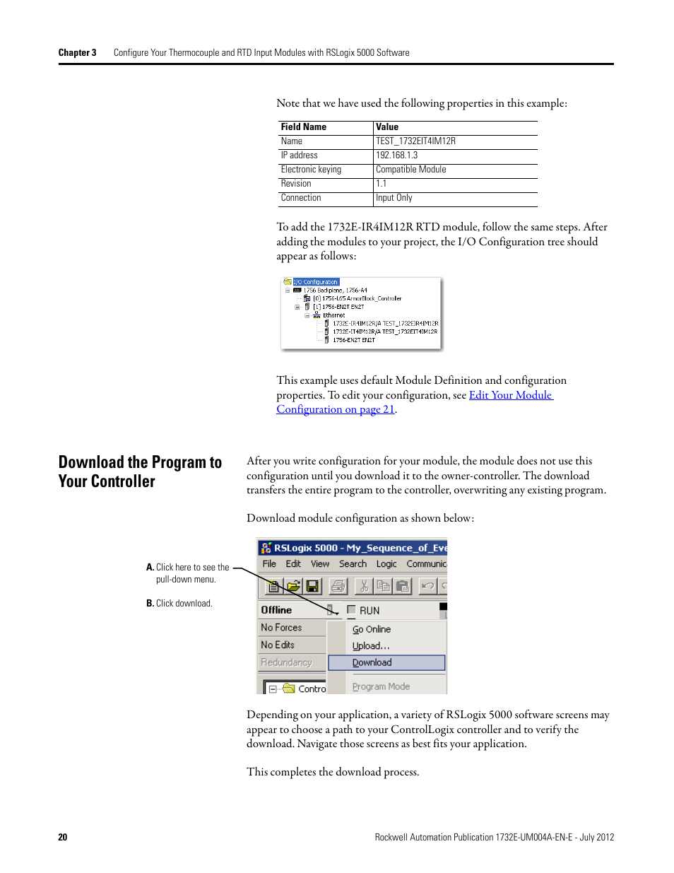 Download the program to your controller | Rockwell Automation 1732E-IR4IM12R ArmorBlock Dual-Port EtherNet/IP 4-Point Thermocouple and RTD User Manual | Page 28 / 86