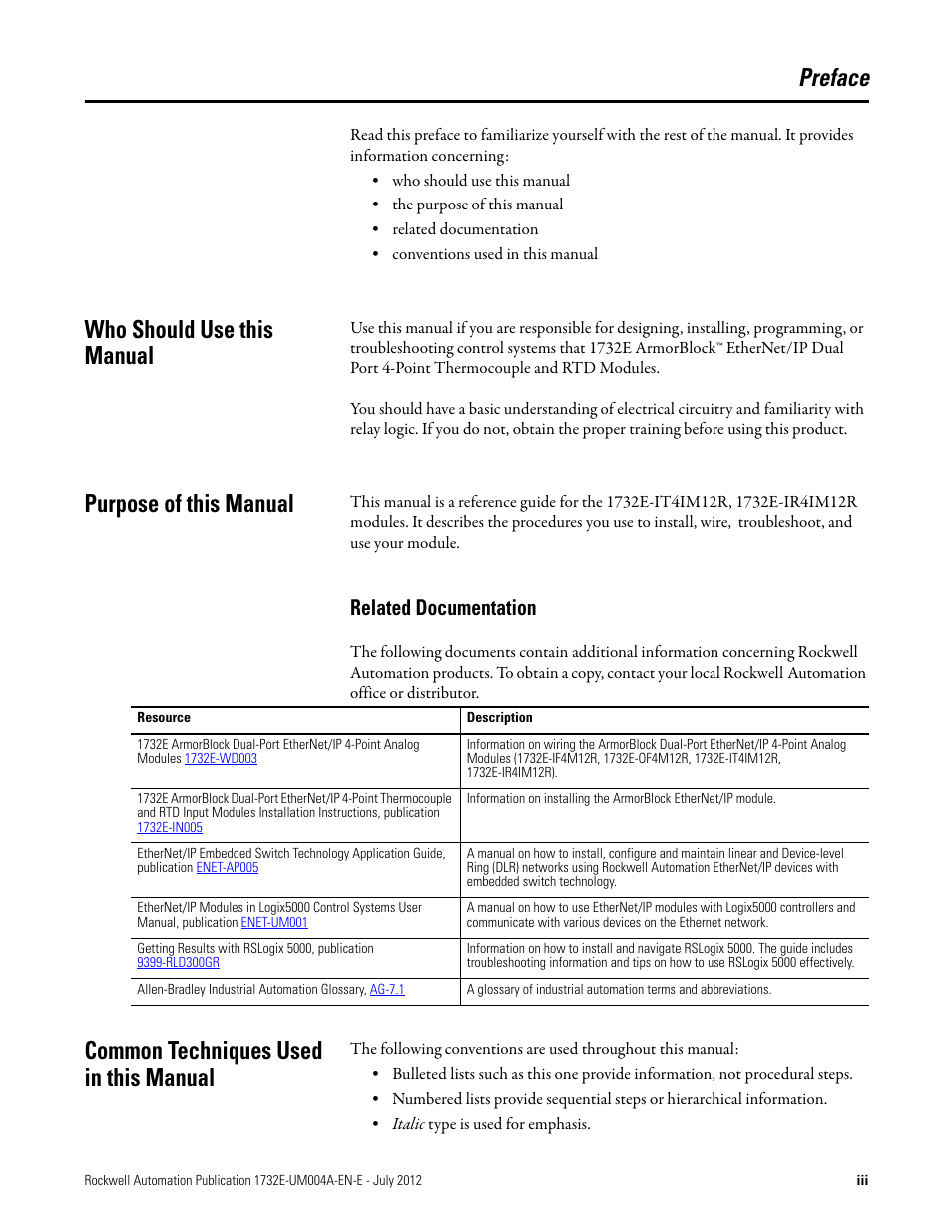 Preface, Who should use this manual, Purpose of this manual | Related documentation, Common techniques used in this manual | Rockwell Automation 1732E-IR4IM12R ArmorBlock Dual-Port EtherNet/IP 4-Point Thermocouple and RTD User Manual | Page 3 / 86