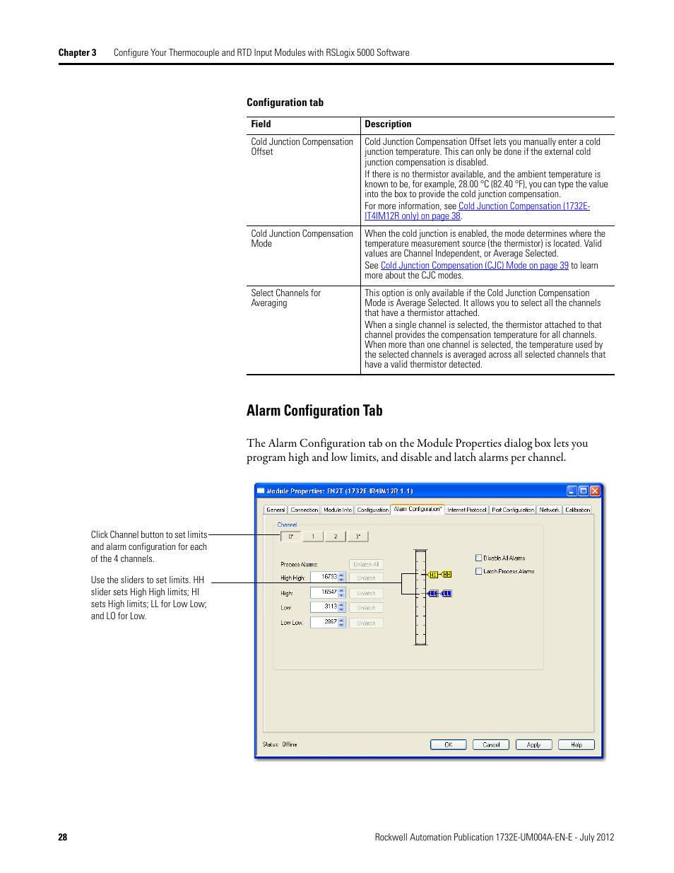 Alarm configuration tab | Rockwell Automation 1732E-IR4IM12R ArmorBlock Dual-Port EtherNet/IP 4-Point Thermocouple and RTD User Manual | Page 36 / 86