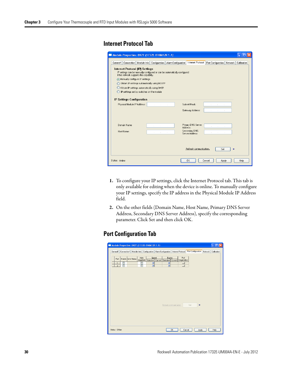 Internet protocol tab, Port configuration tab | Rockwell Automation 1732E-IR4IM12R ArmorBlock Dual-Port EtherNet/IP 4-Point Thermocouple and RTD User Manual | Page 38 / 86