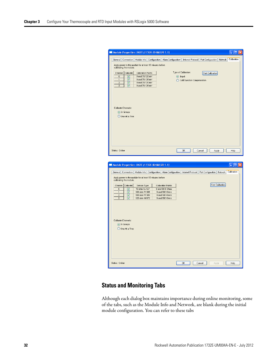 Status and monitoring tabs | Rockwell Automation 1732E-IR4IM12R ArmorBlock Dual-Port EtherNet/IP 4-Point Thermocouple and RTD User Manual | Page 40 / 86