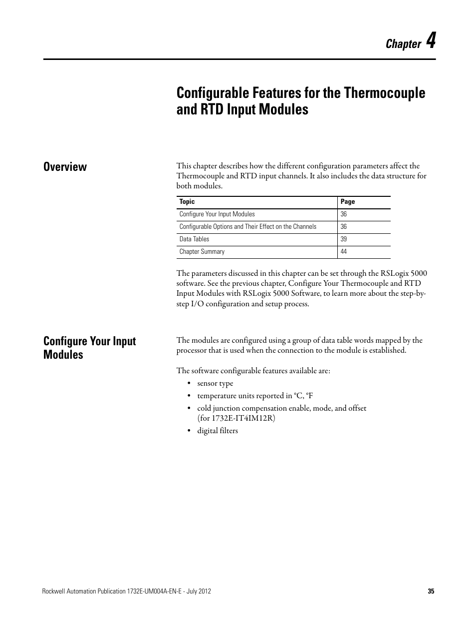 Overview, Configure your input modules, Chapter 4 | Overview configure your input modules, Configurable features for the, Chapter | Rockwell Automation 1732E-IR4IM12R ArmorBlock Dual-Port EtherNet/IP 4-Point Thermocouple and RTD User Manual | Page 43 / 86