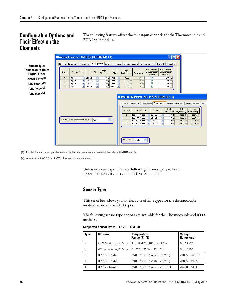 Sensor type | Rockwell Automation 1732E-IR4IM12R ArmorBlock Dual-Port EtherNet/IP 4-Point Thermocouple and RTD User Manual | Page 44 / 86