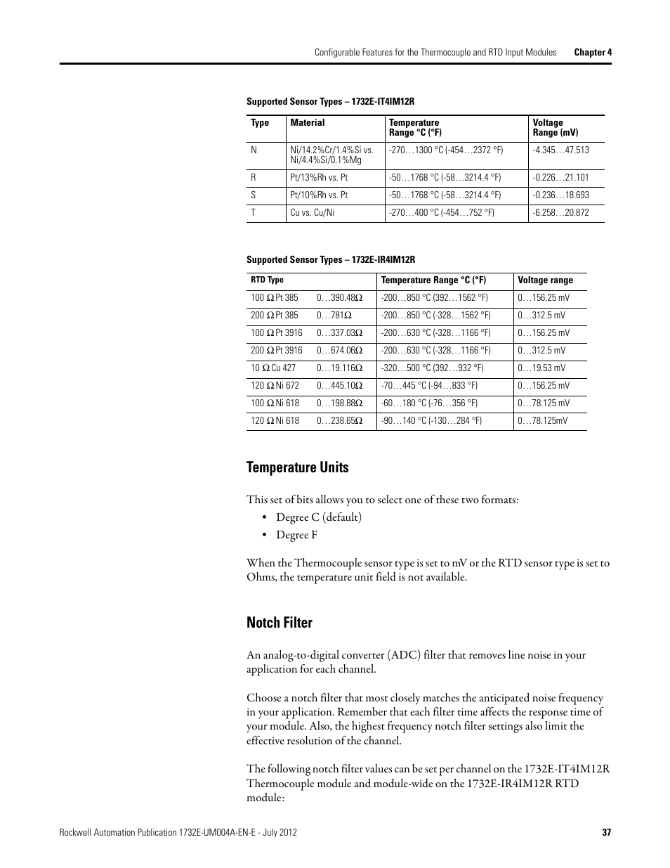 Temperature units, Notch filter, Temperature units notch filter | Rockwell Automation 1732E-IR4IM12R ArmorBlock Dual-Port EtherNet/IP 4-Point Thermocouple and RTD User Manual | Page 45 / 86