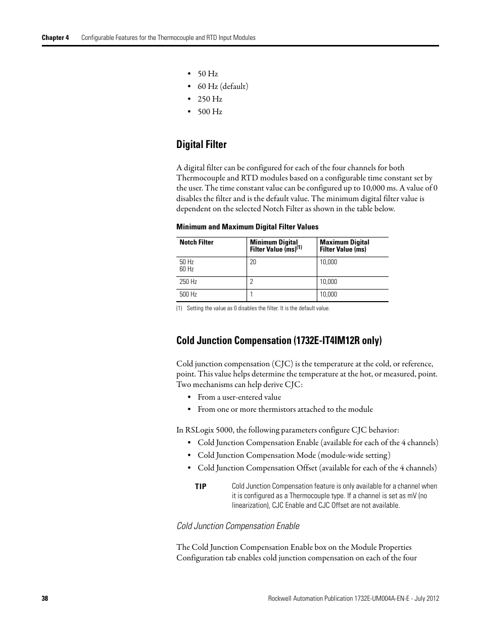 Digital filter, Cold junction compensation (1732e-it4im12r only), Cold junction compensation enable | Cold junction compensation (1732e | Rockwell Automation 1732E-IR4IM12R ArmorBlock Dual-Port EtherNet/IP 4-Point Thermocouple and RTD User Manual | Page 46 / 86