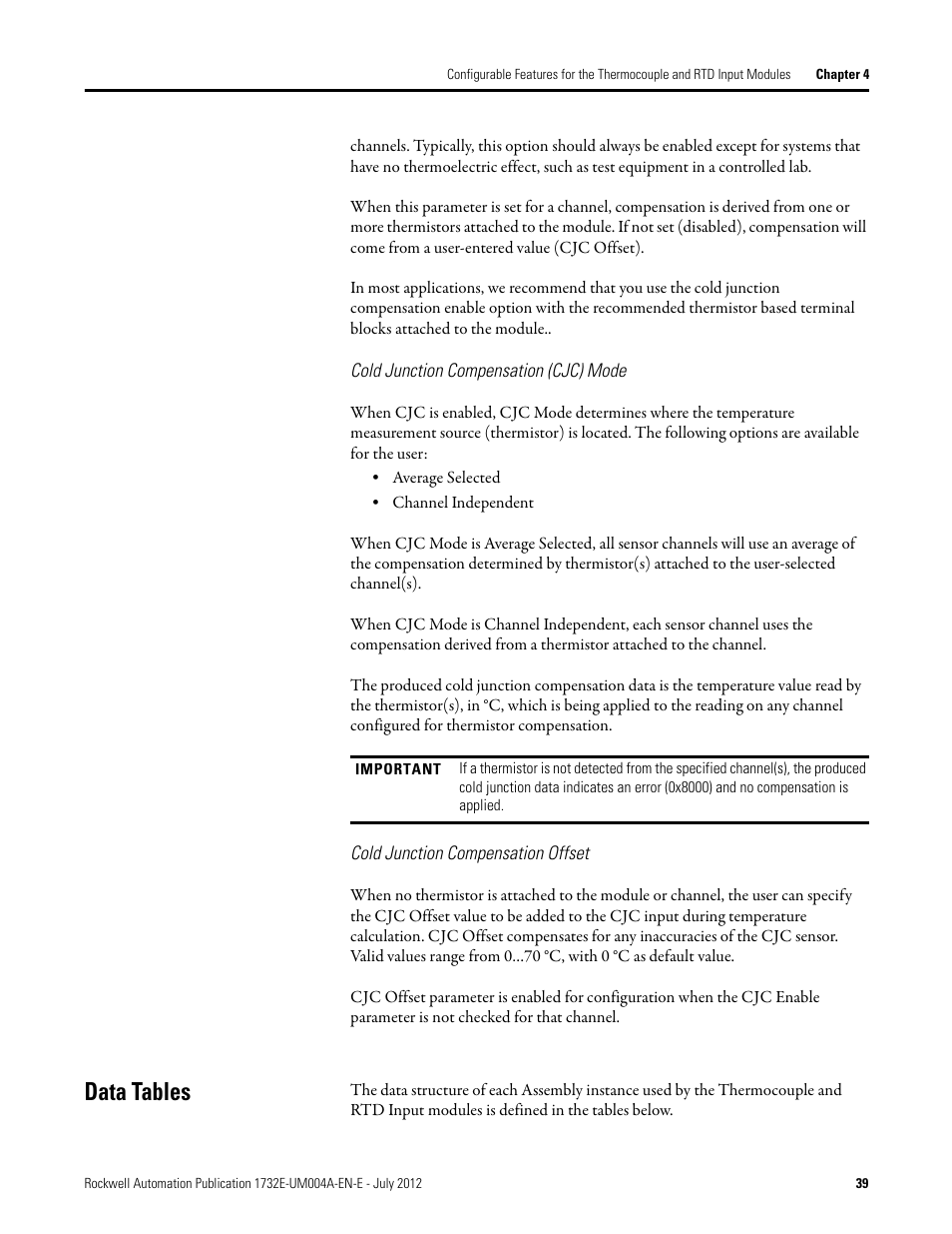 Cold junction compensation (cjc) mode, Cold junction compensation offset, Data tables | To learn | Rockwell Automation 1732E-IR4IM12R ArmorBlock Dual-Port EtherNet/IP 4-Point Thermocouple and RTD User Manual | Page 47 / 86