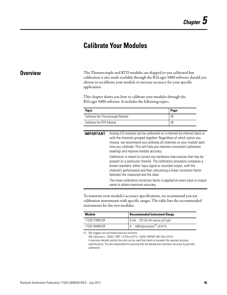 5 – calibrate your modules, Overview, Chapter 5 | Calibrate your modules, Calibrate your, Chapter | Rockwell Automation 1732E-IR4IM12R ArmorBlock Dual-Port EtherNet/IP 4-Point Thermocouple and RTD User Manual | Page 53 / 86