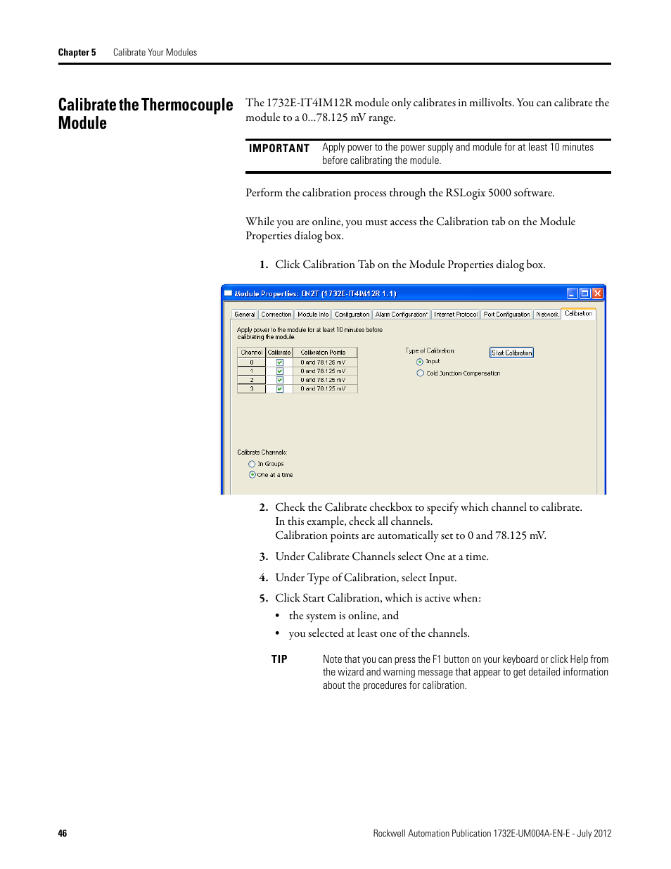 Calibrate the thermocouple module | Rockwell Automation 1732E-IR4IM12R ArmorBlock Dual-Port EtherNet/IP 4-Point Thermocouple and RTD User Manual | Page 54 / 86