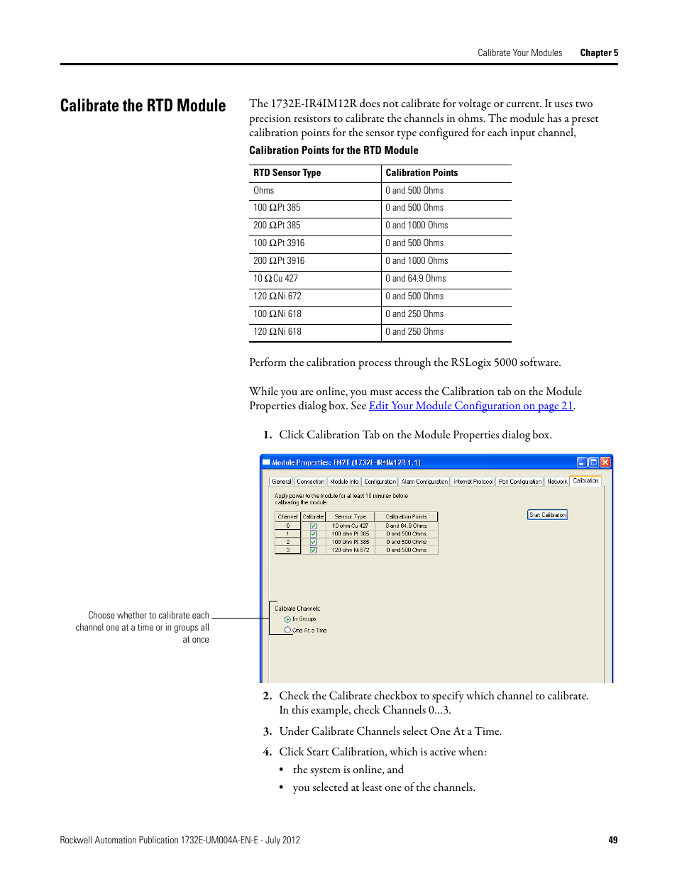 Calibrate the rtd module | Rockwell Automation 1732E-IR4IM12R ArmorBlock Dual-Port EtherNet/IP 4-Point Thermocouple and RTD User Manual | Page 57 / 86