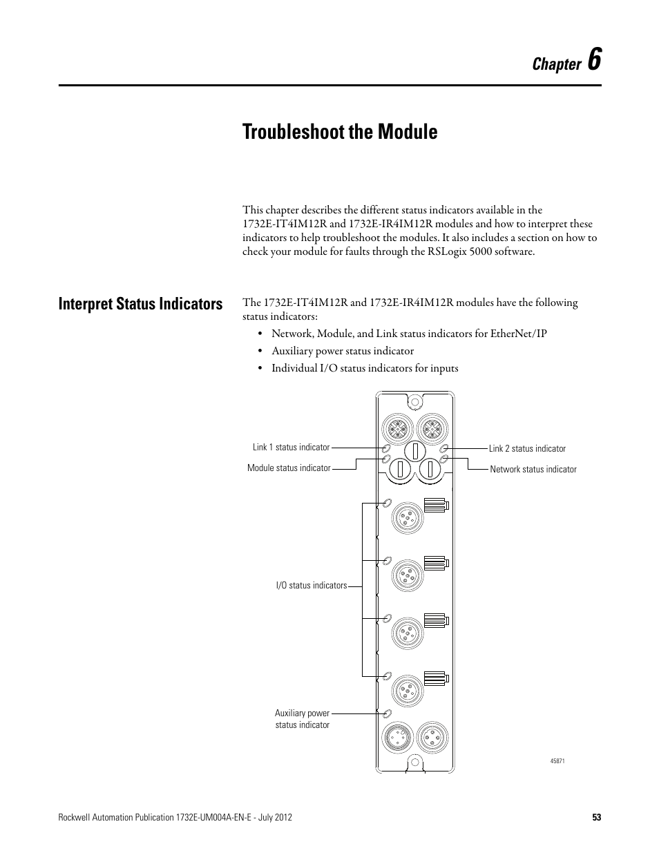 6 – troubleshoot the module, Interpret status indicators, Chapter 6 | Troubleshoot the module, Chapter | Rockwell Automation 1732E-IR4IM12R ArmorBlock Dual-Port EtherNet/IP 4-Point Thermocouple and RTD User Manual | Page 61 / 86