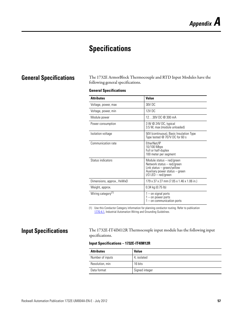 A – specifications, General specifications, Input specifications | Appendix a, Specifications, General specifications input specifications, Appendix | Rockwell Automation 1732E-IR4IM12R ArmorBlock Dual-Port EtherNet/IP 4-Point Thermocouple and RTD User Manual | Page 65 / 86