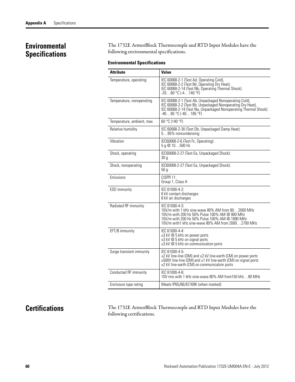 Environmental specifications, Certifications, Environmental specifications certifications | Rockwell Automation 1732E-IR4IM12R ArmorBlock Dual-Port EtherNet/IP 4-Point Thermocouple and RTD User Manual | Page 68 / 86