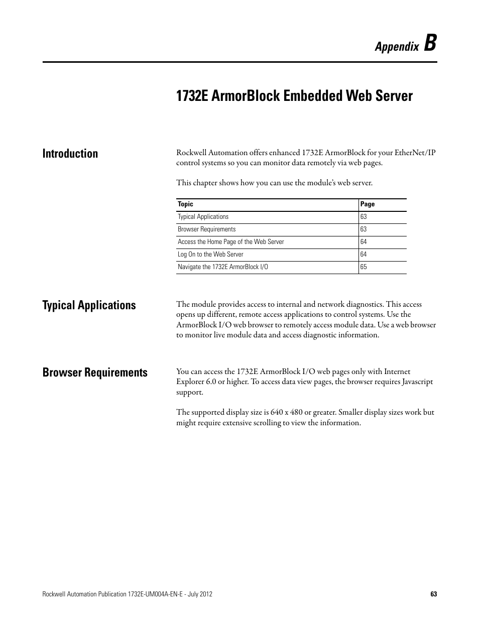 B – 1732e armorblock embedded web server, Introduction, Typical applications | Browser requirements, Appendix b, 1732e armorblock embedded web server, Appendix | Rockwell Automation 1732E-IR4IM12R ArmorBlock Dual-Port EtherNet/IP 4-Point Thermocouple and RTD User Manual | Page 71 / 86