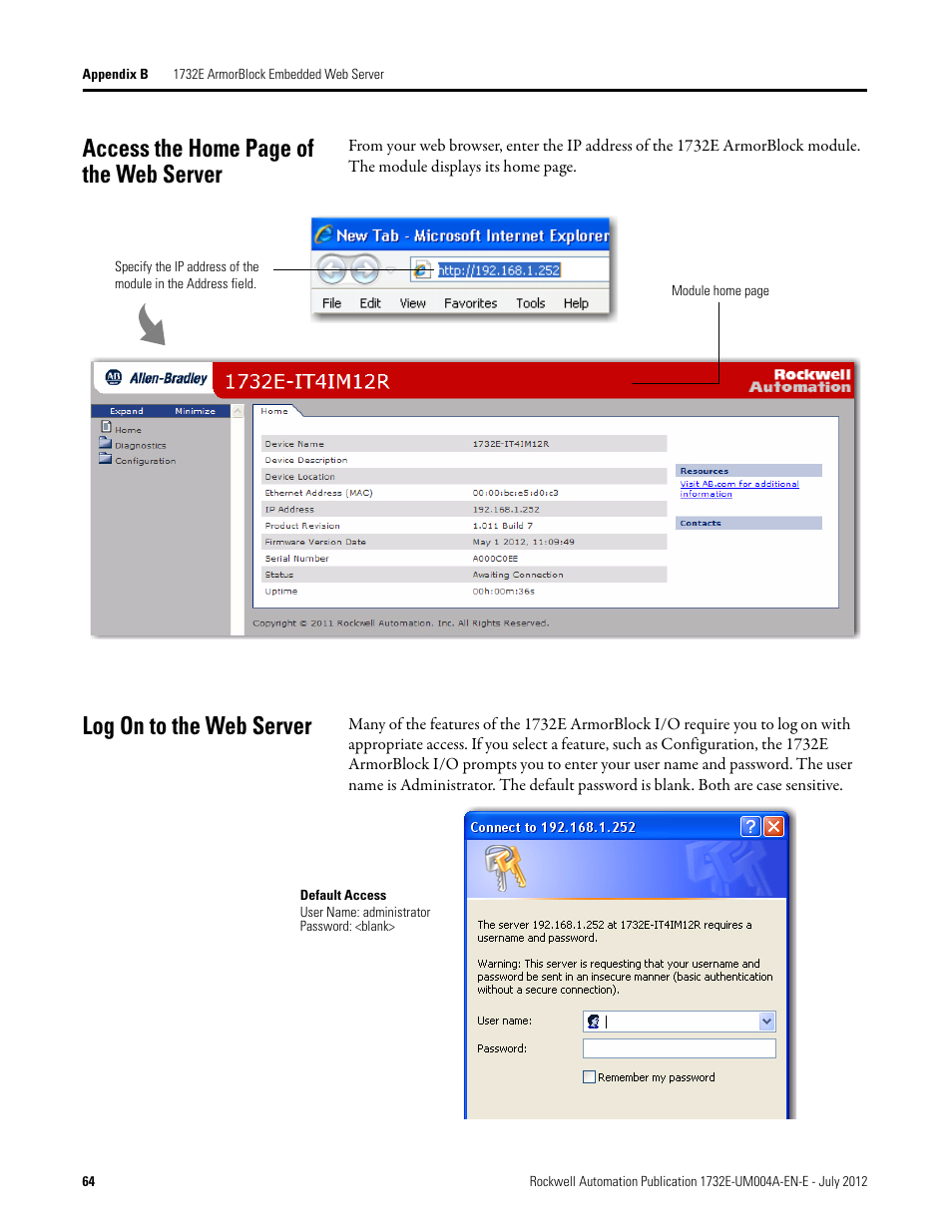 Log on to the web server, Access the home page of the web server | Rockwell Automation 1732E-IR4IM12R ArmorBlock Dual-Port EtherNet/IP 4-Point Thermocouple and RTD User Manual | Page 72 / 86