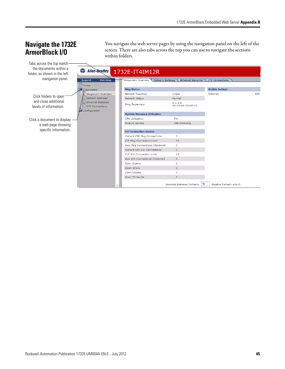 Navigate the 1732e armorblock i/o | Rockwell Automation 1732E-IR4IM12R ArmorBlock Dual-Port EtherNet/IP 4-Point Thermocouple and RTD User Manual | Page 73 / 86