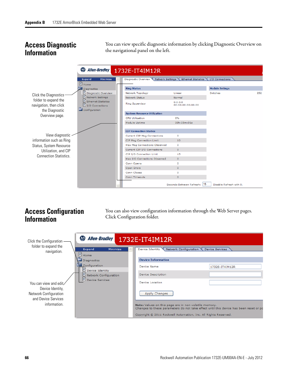 Access diagnostic information, Access configuration information | Rockwell Automation 1732E-IR4IM12R ArmorBlock Dual-Port EtherNet/IP 4-Point Thermocouple and RTD User Manual | Page 74 / 86