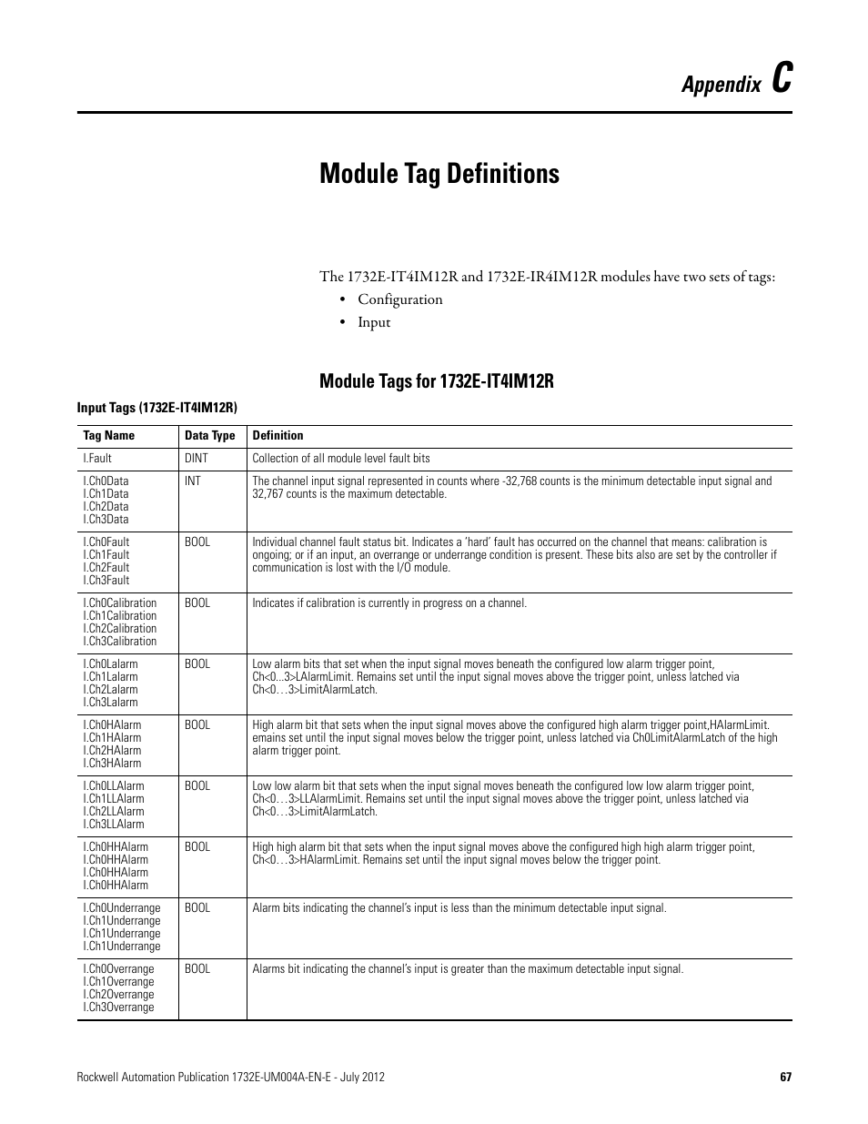 C – module tag definitions, Module tags for 1732e-it4im12r, Appendix c | Module tag definitions, Appendix | Rockwell Automation 1732E-IR4IM12R ArmorBlock Dual-Port EtherNet/IP 4-Point Thermocouple and RTD User Manual | Page 75 / 86