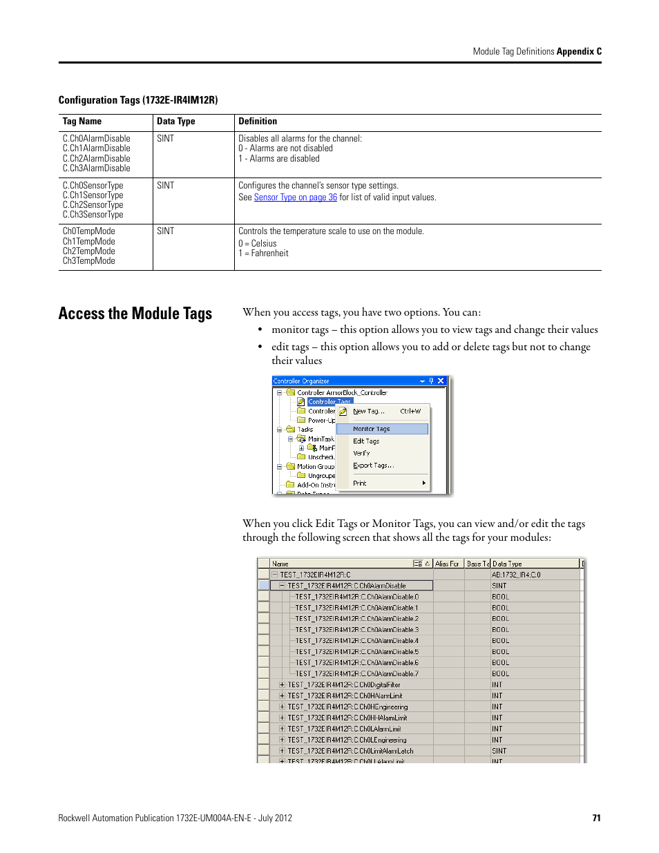 Access the module tags | Rockwell Automation 1732E-IR4IM12R ArmorBlock Dual-Port EtherNet/IP 4-Point Thermocouple and RTD User Manual | Page 79 / 86