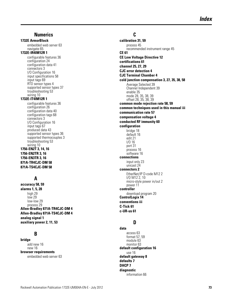 Index, Numerics | Rockwell Automation 1732E-IR4IM12R ArmorBlock Dual-Port EtherNet/IP 4-Point Thermocouple and RTD User Manual | Page 81 / 86