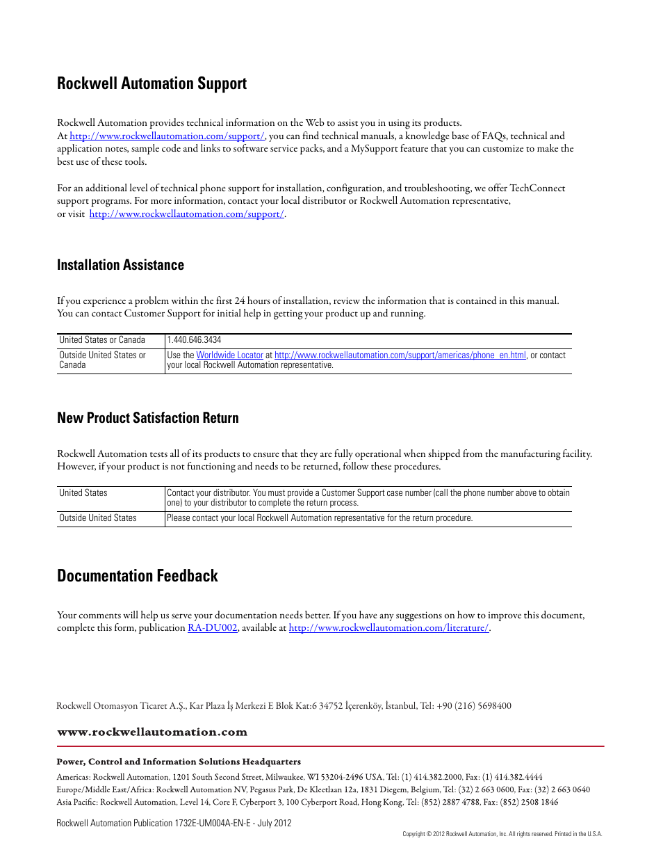 Back cover, Rockwell automation support, Documentation feedback | Installation assistance, New product satisfaction return | Rockwell Automation 1732E-IR4IM12R ArmorBlock Dual-Port EtherNet/IP 4-Point Thermocouple and RTD User Manual | Page 86 / 86