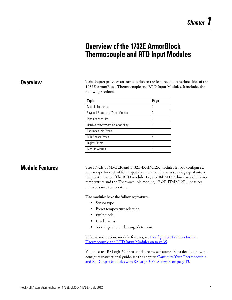 Overview, Module features, Chapter 1 | Overview module features, Chapter | Rockwell Automation 1732E-IR4IM12R ArmorBlock Dual-Port EtherNet/IP 4-Point Thermocouple and RTD User Manual | Page 9 / 86