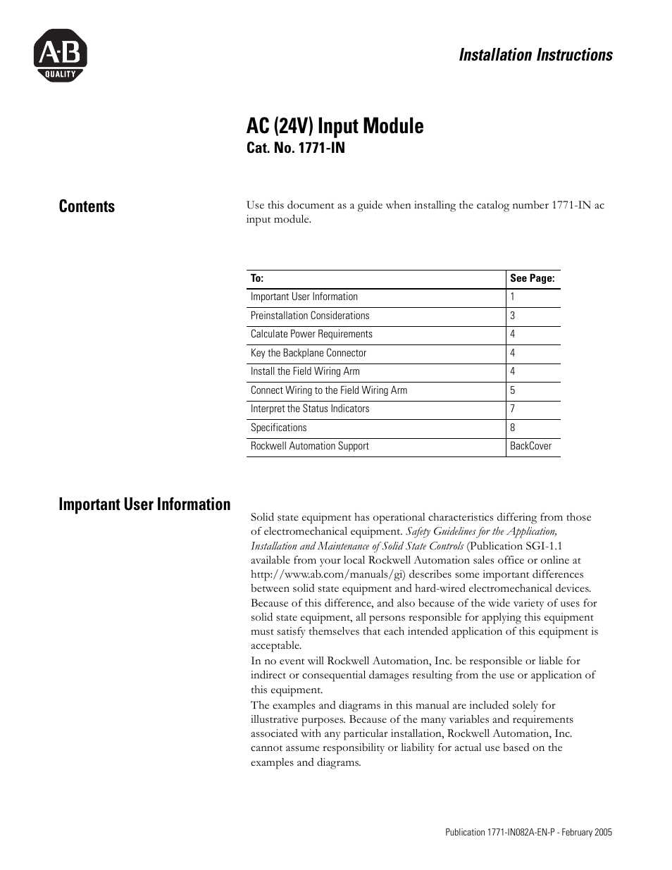 Rockwell Automation 1771-IN ac (24V) Input Module Installation Instructions User Manual | 8 pages