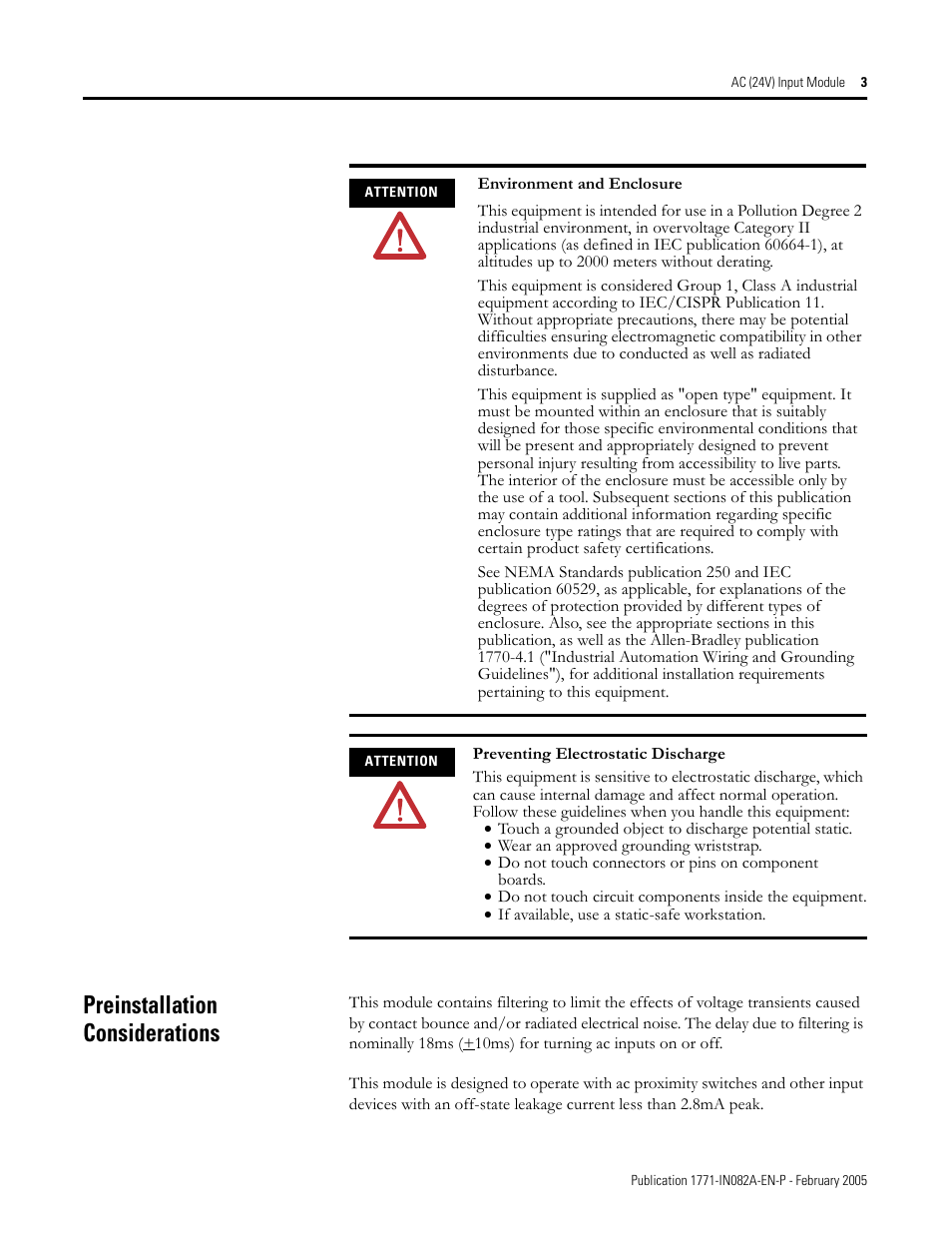 Preinstallation considerations | Rockwell Automation 1771-IN ac (24V) Input Module Installation Instructions User Manual | Page 3 / 8