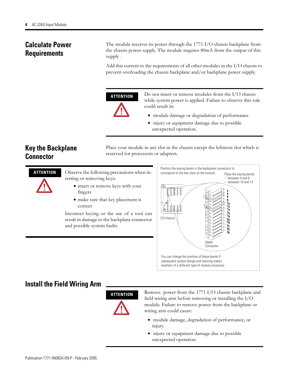 Calculate power requirements, Key the backplane connector, Install the field wiring arm | Rockwell Automation 1771-IN ac (24V) Input Module Installation Instructions User Manual | Page 4 / 8