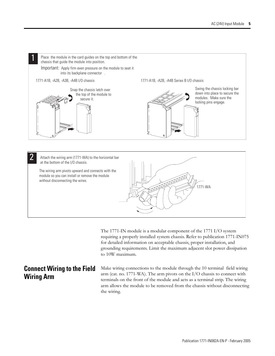 Connect wiring to the field wiring arm | Rockwell Automation 1771-IN ac (24V) Input Module Installation Instructions User Manual | Page 5 / 8