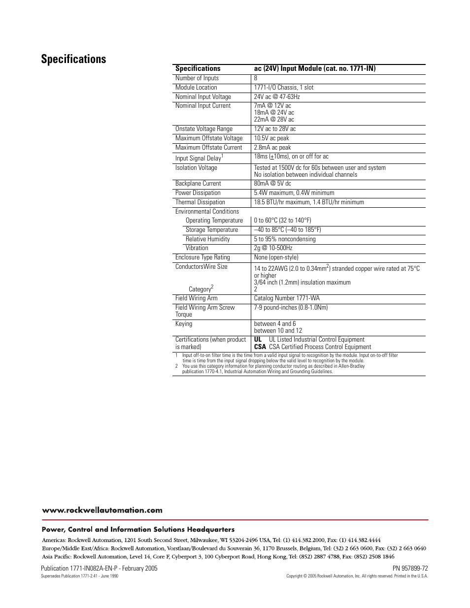 Specifications | Rockwell Automation 1771-IN ac (24V) Input Module Installation Instructions User Manual | Page 8 / 8