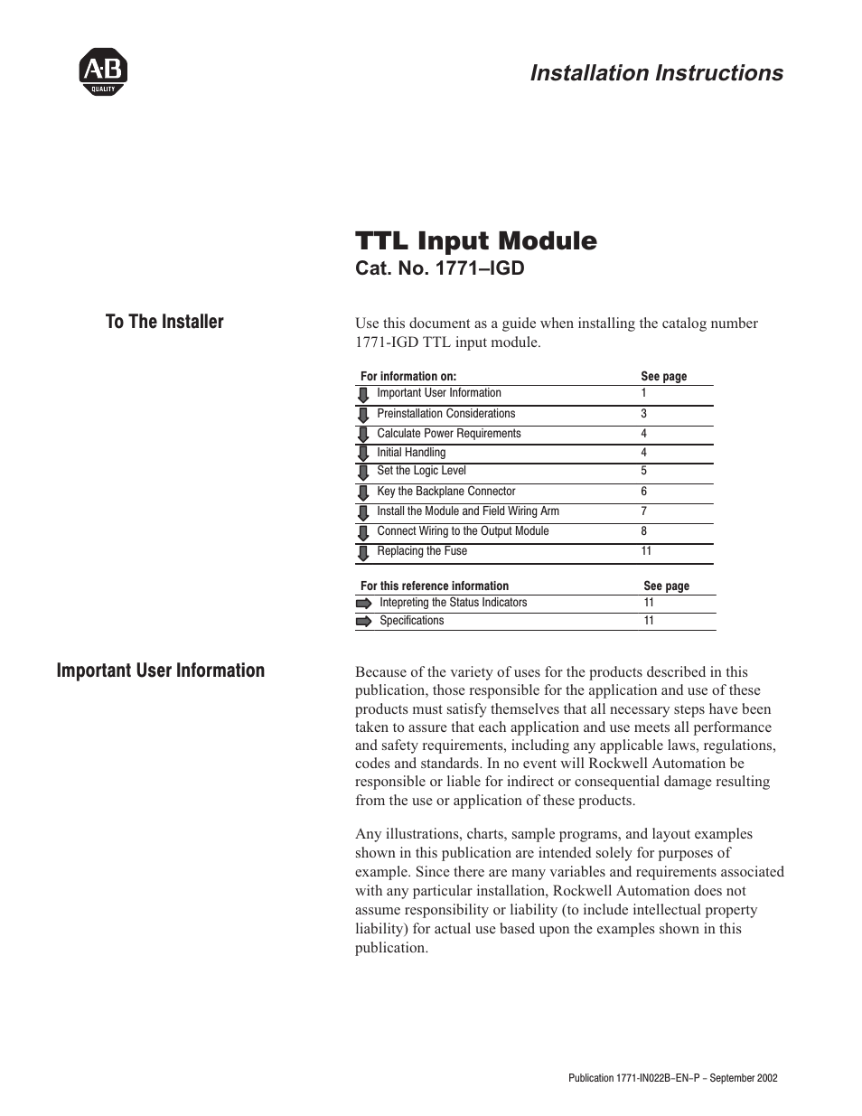 Rockwell Automation 1771-IGD TTL Input Module Installation Instructions User Manual | 12 pages