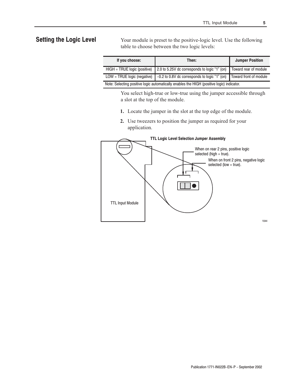 Setting the logic level | Rockwell Automation 1771-IGD TTL Input Module Installation Instructions User Manual | Page 5 / 12