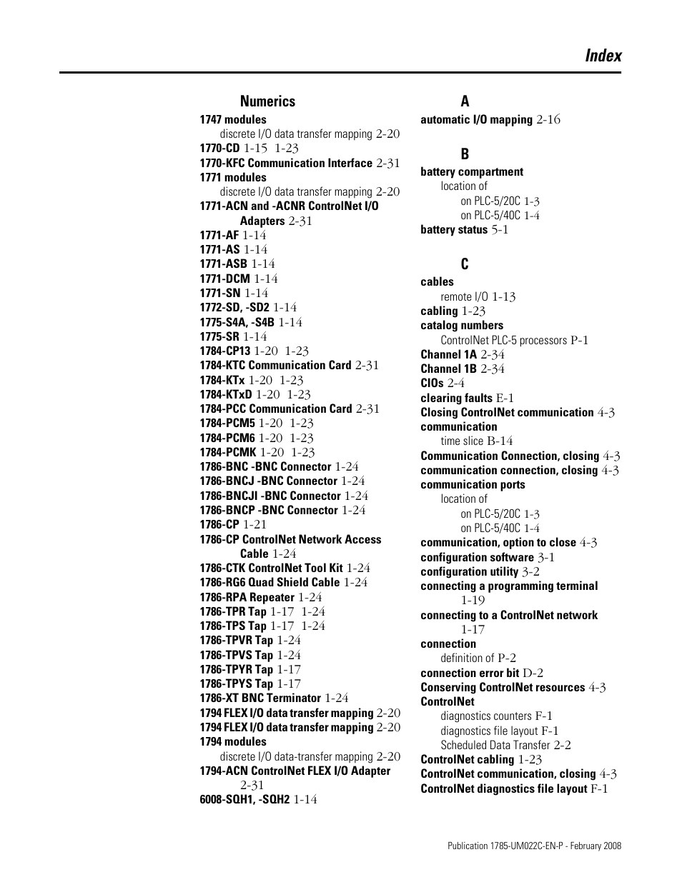 Index | Rockwell Automation 1785-Lx0C15 ControlNet PLC-5 Programmable Controllers User Manual User Manual | Page 137 / 148