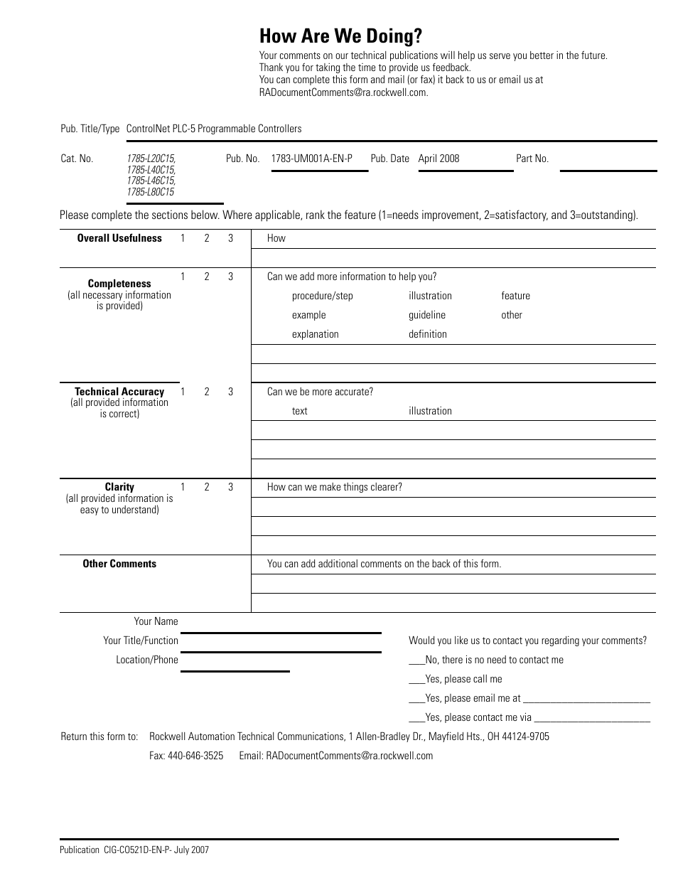 How are we doing | Rockwell Automation 1785-Lx0C15 ControlNet PLC-5 Programmable Controllers User Manual User Manual | Page 145 / 148