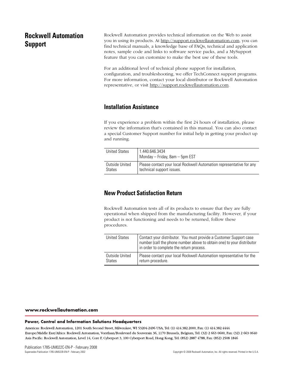 Back cover, Rockwell automation support, Installation assistance | New product satisfaction return | Rockwell Automation 1785-Lx0C15 ControlNet PLC-5 Programmable Controllers User Manual User Manual | Page 148 / 148