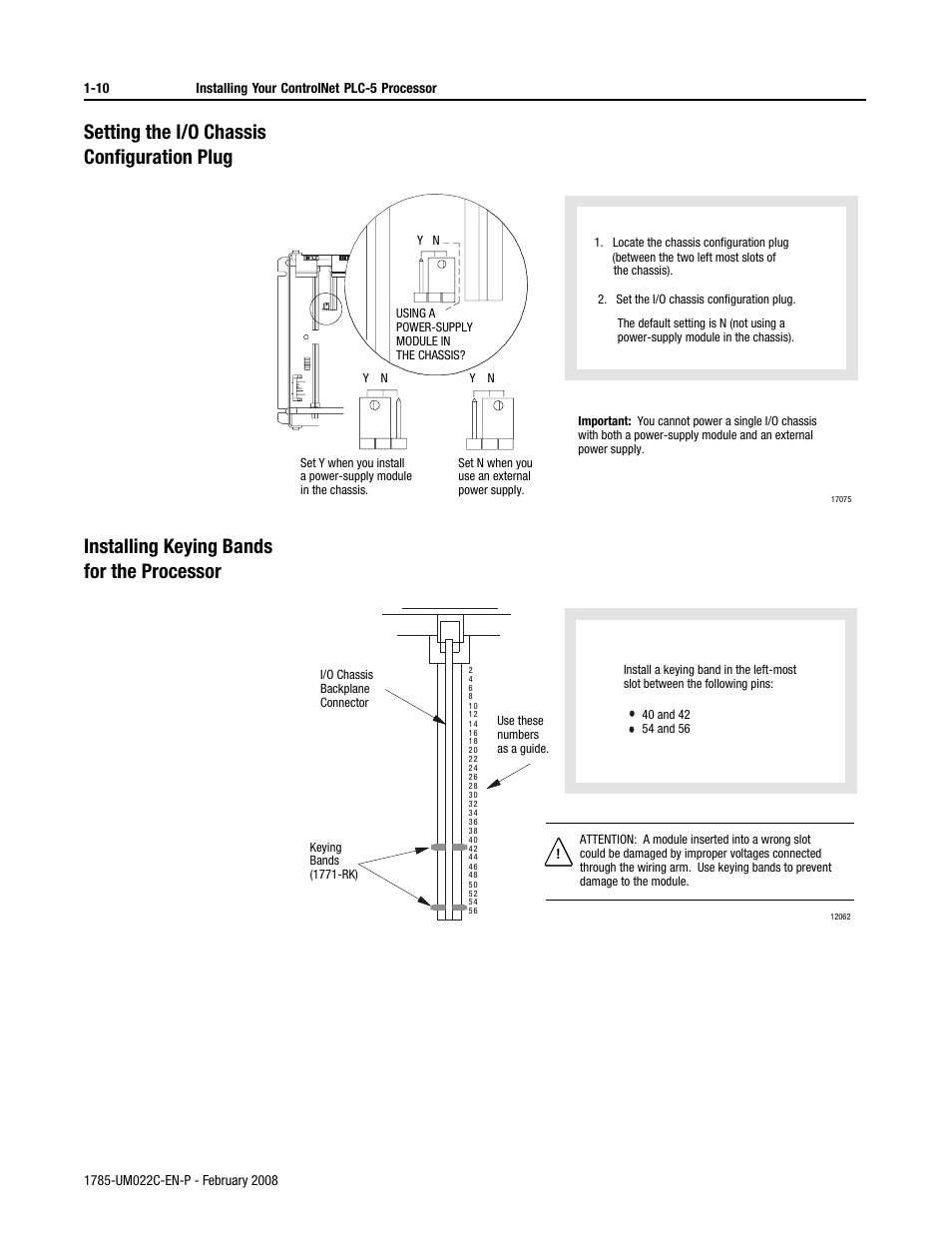 Setting the i/o chassis configuration plug -10, Setting the i/o chassis configuration plug, Installing keying bands for the processor | Set the i/o chassis configuration plug as follows | Rockwell Automation 1785-Lx0C15 ControlNet PLC-5 Programmable Controllers User Manual User Manual | Page 22 / 148