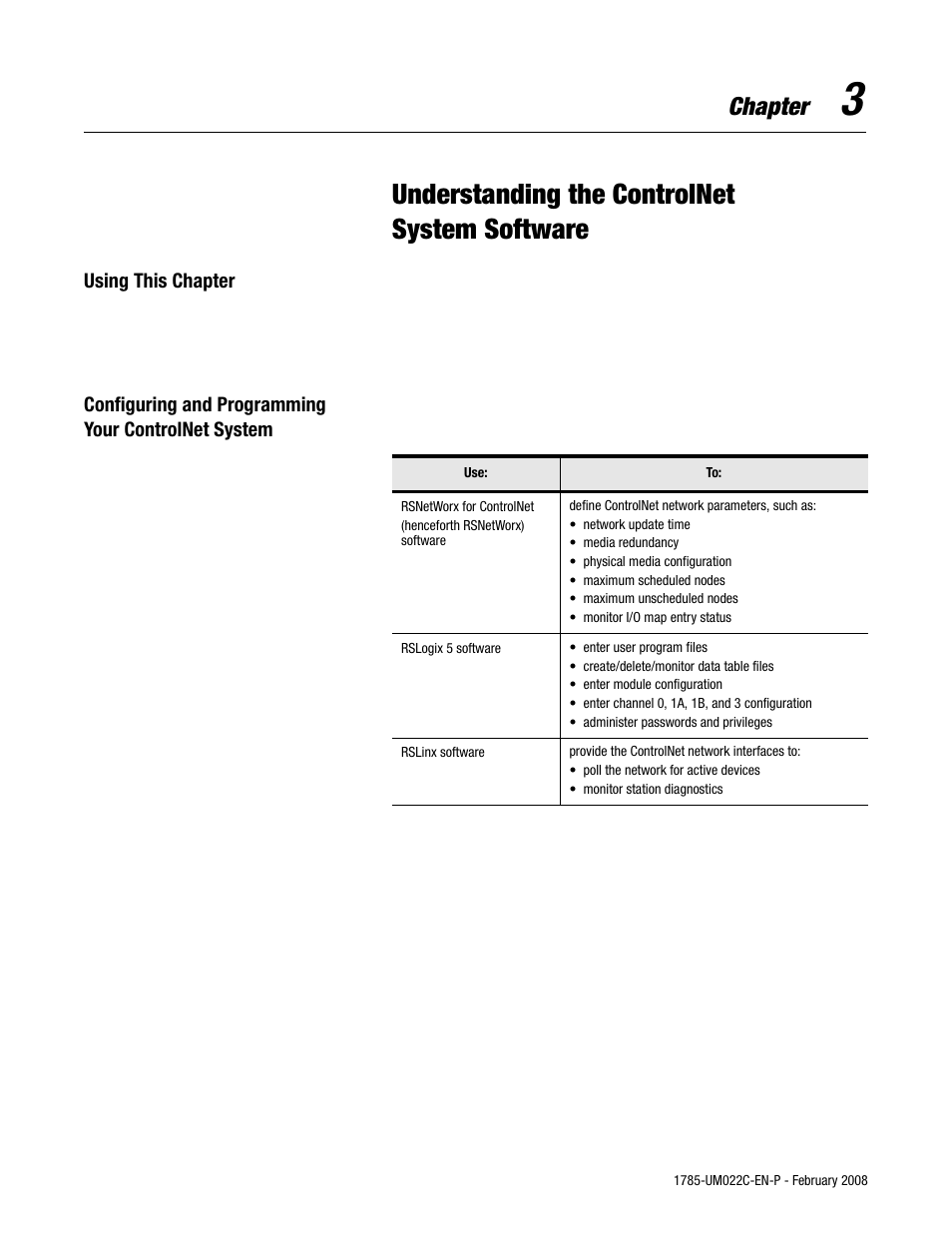 3 - understanding the controlnet system software, Understanding the controlnet system software, Chapter | Rockwell Automation 1785-Lx0C15 ControlNet PLC-5 Programmable Controllers User Manual User Manual | Page 75 / 148