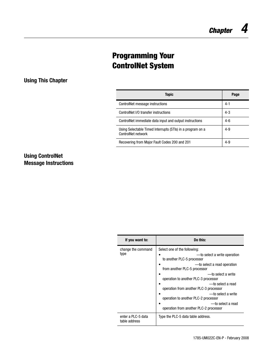 4 - programming your controlnet system, Programming your, Controlnet system | Programming your controlnet system, Chapter | Rockwell Automation 1785-Lx0C15 ControlNet PLC-5 Programmable Controllers User Manual User Manual | Page 81 / 148