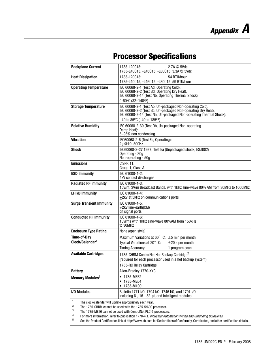 A - processor specifications, Processor specifications, Appendix | Rockwell Automation 1785-Lx0C15 ControlNet PLC-5 Programmable Controllers User Manual User Manual | Page 97 / 148