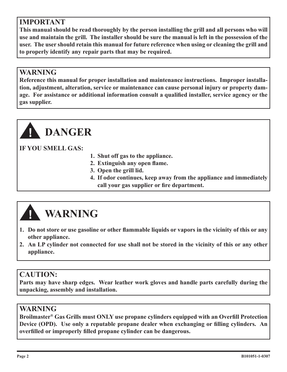Danger, Warning | Broilmaster T3CN-1 User Manual | Page 2 / 24