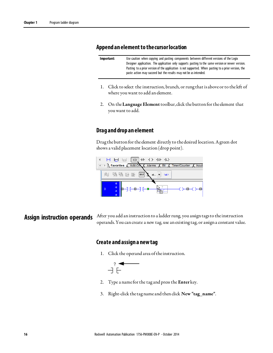 Assign instruction operands, Append an element to the cursor location, Drag and drop an element | Create and assign a new tag | Rockwell Automation Logix5000 Controllers Ladder Diagram Programming Manual User Manual | Page 16 / 22